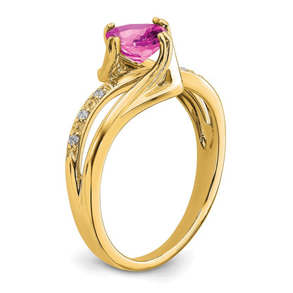 14K Yellow Gold Created Pink Sapphire and Real Diamond Ring