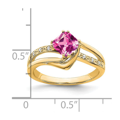 14K Yellow Gold Created Pink Sapphire and Real Diamond Ring