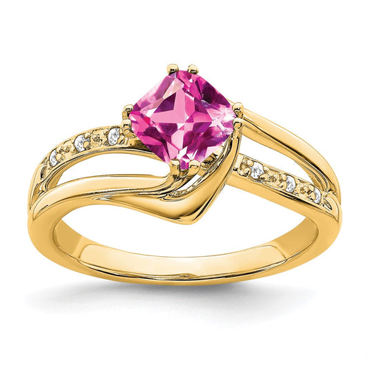 14K Yellow Gold Created Pink Sapphire and Real Diamond Ring