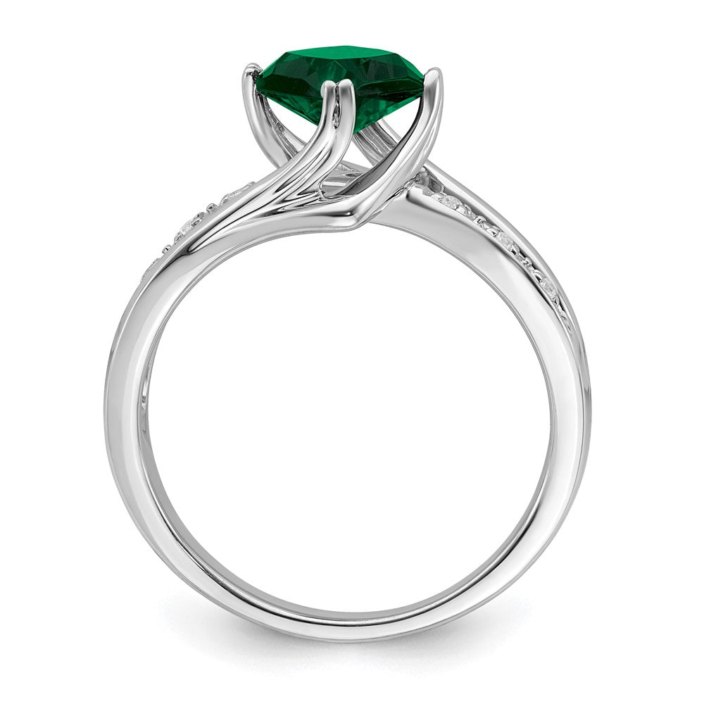 14k White Gold Created Emerald and Real Diamond Ring