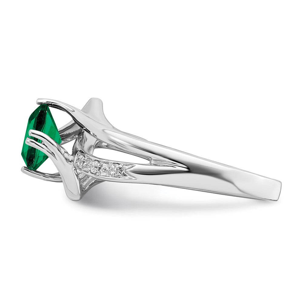 14k White Gold Created Emerald and Real Diamond Ring