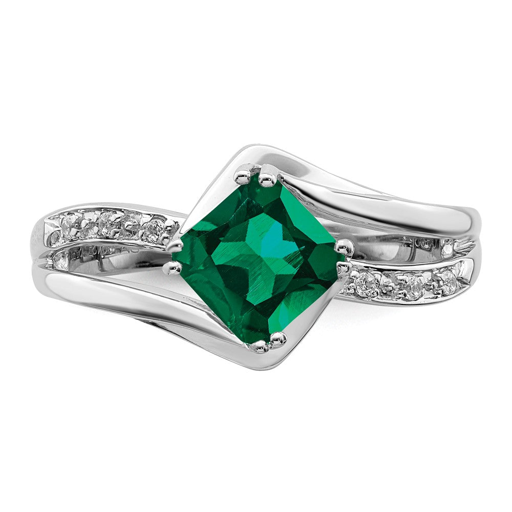 14k White Gold Created Emerald and Real Diamond Ring