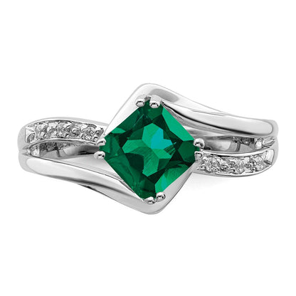 14k White Gold Created Emerald and Real Diamond Ring