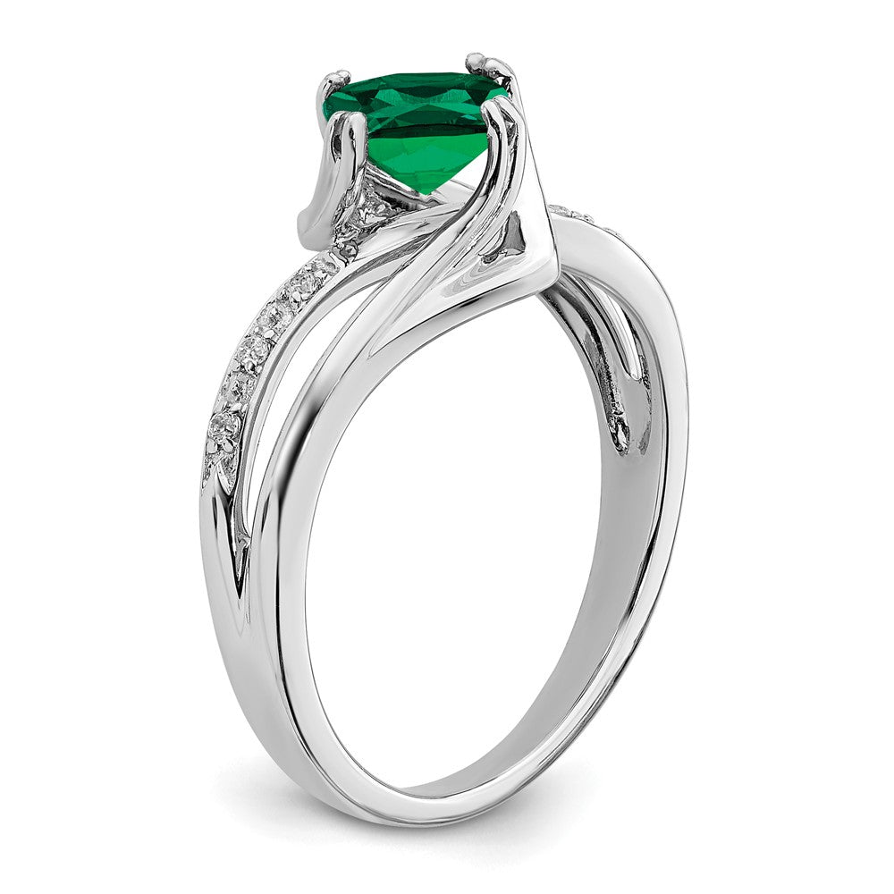 14k White Gold Created Emerald and Real Diamond Ring