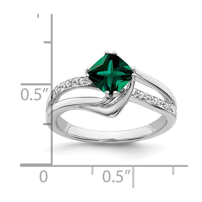 14k White Gold Created Emerald and Real Diamond Ring