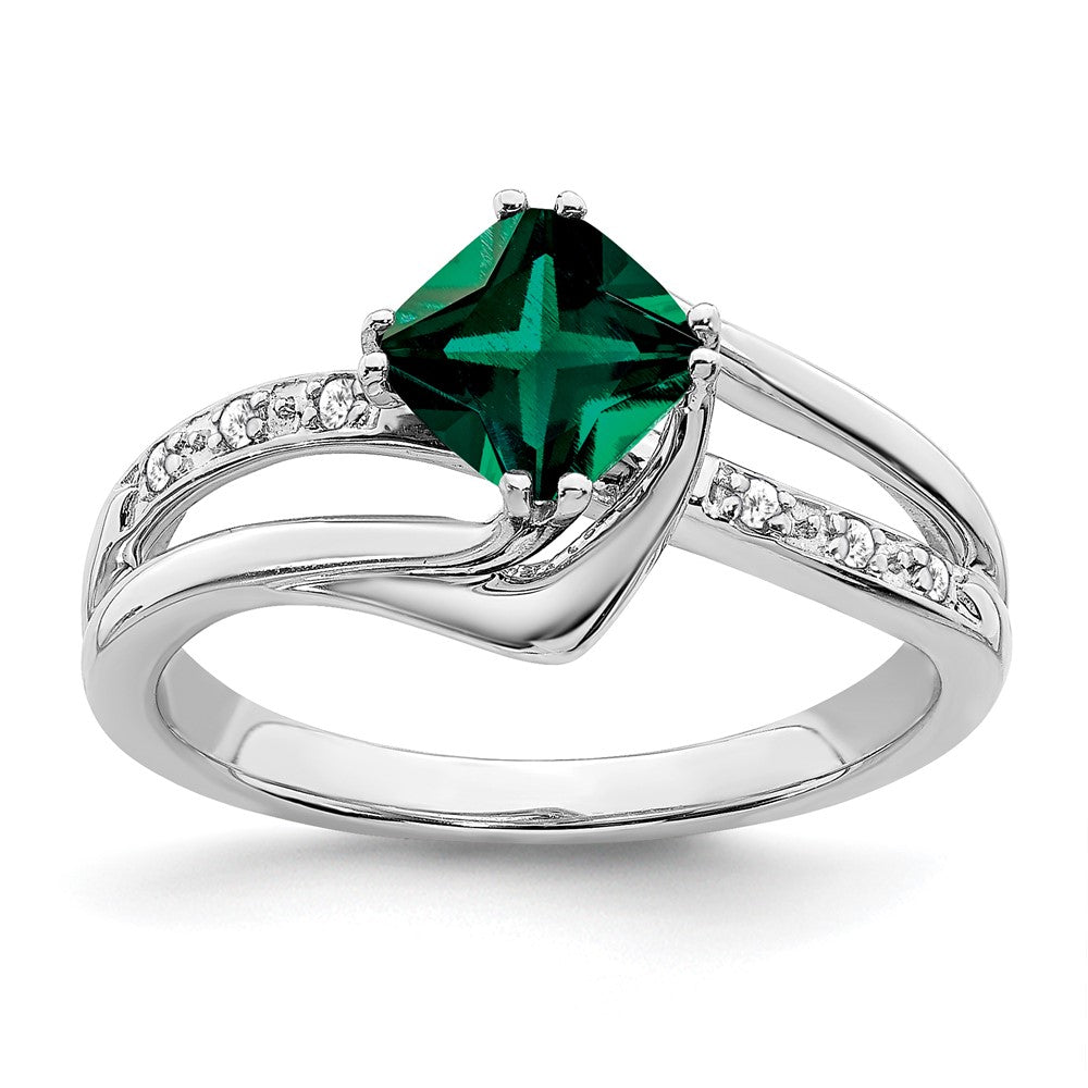 14k White Gold Created Emerald and Real Diamond Ring