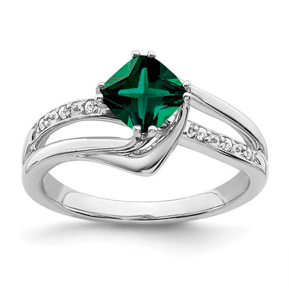 14k White Gold Created Emerald and Real Diamond Ring