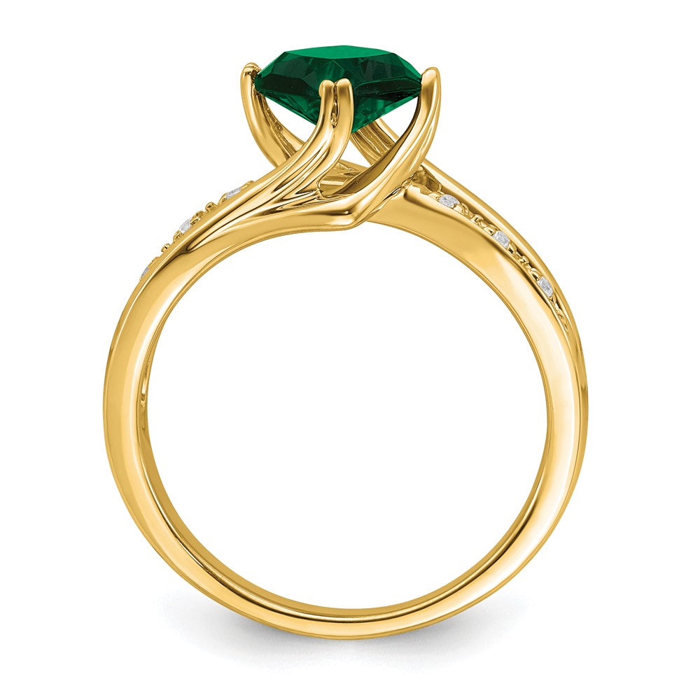 14K Yellow Gold Created Emerald and Real Diamond Ring