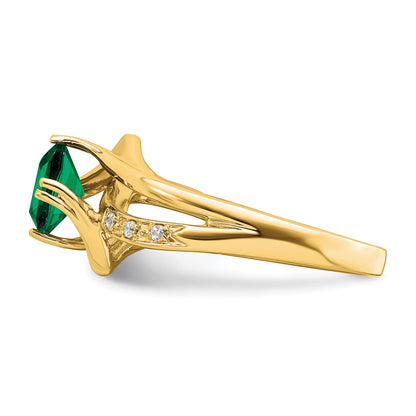 14K Yellow Gold Created Emerald and Real Diamond Ring