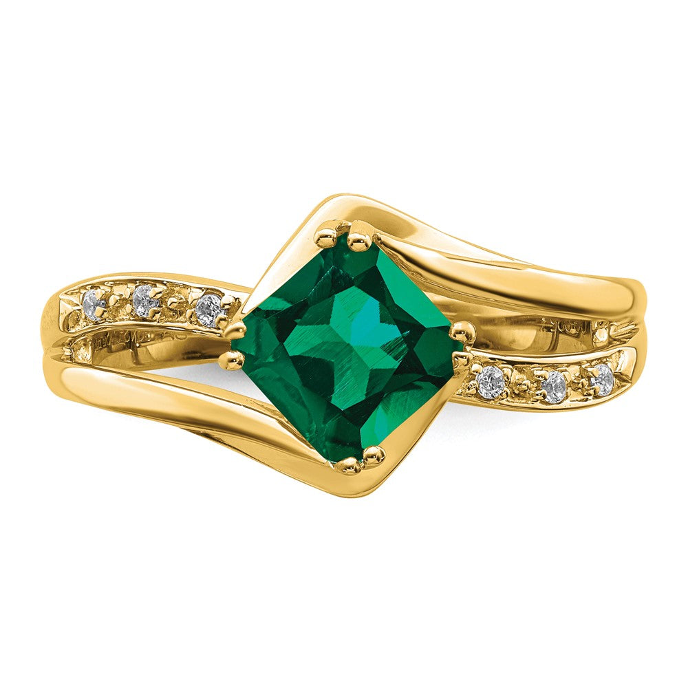 14K Yellow Gold Created Emerald and Real Diamond Ring