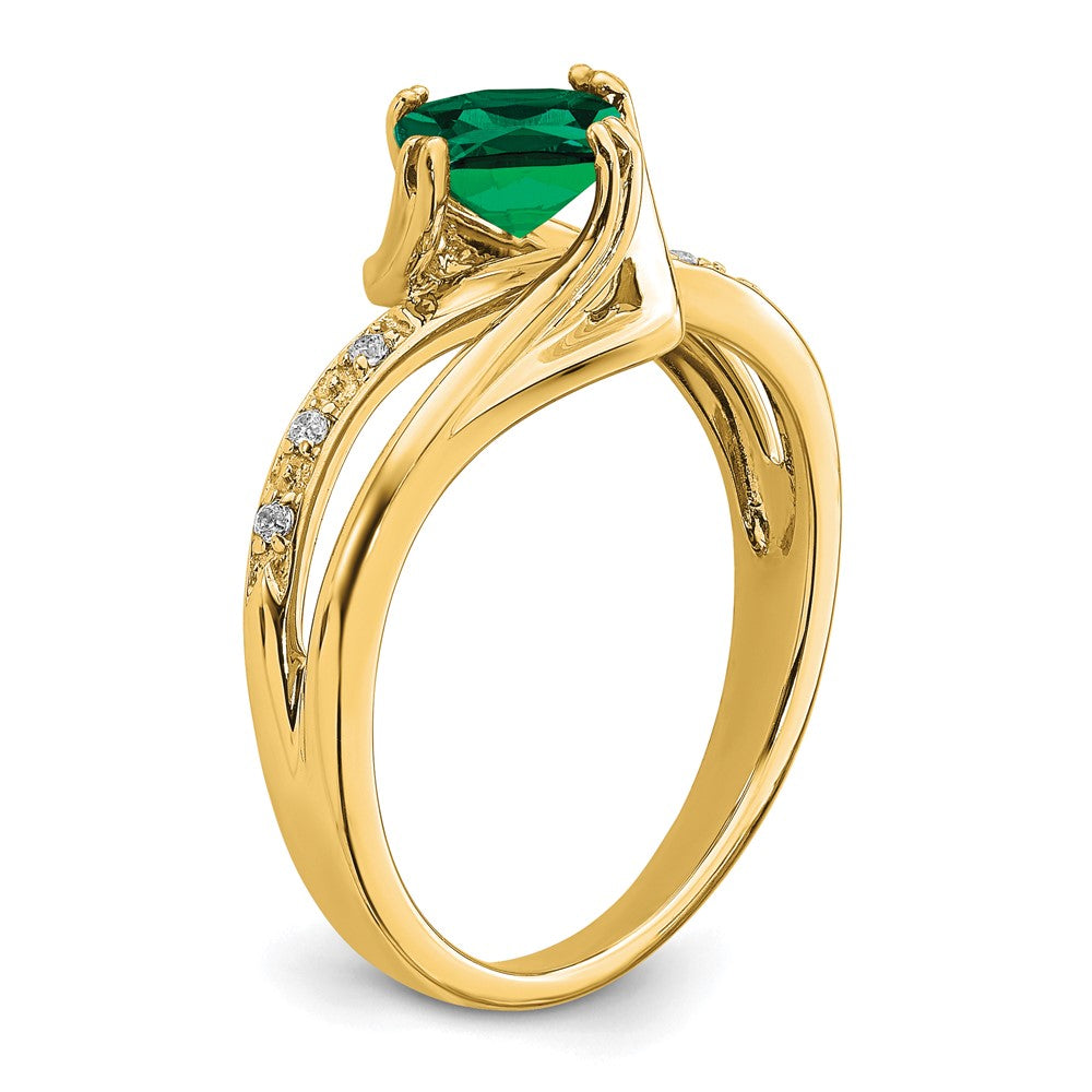 14K Yellow Gold Created Emerald and Real Diamond Ring