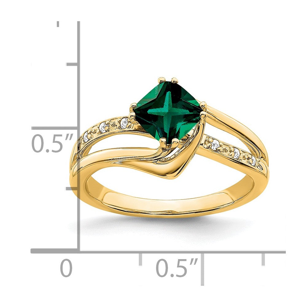 14K Yellow Gold Created Emerald and Real Diamond Ring