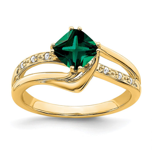 14K Yellow Gold Created Emerald and Real Diamond Ring