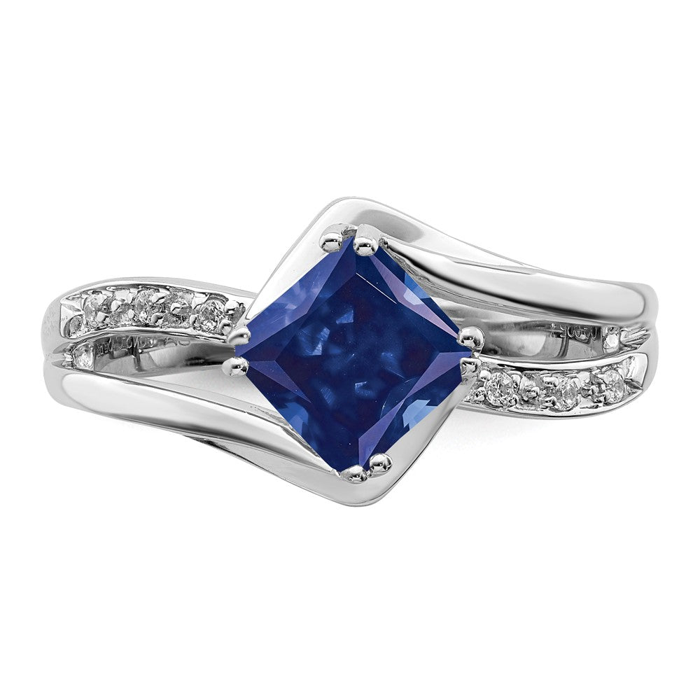 14k White Gold Created Sapphire and Real Diamond Ring