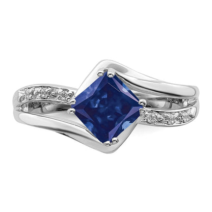 14k White Gold Created Sapphire and Real Diamond Ring