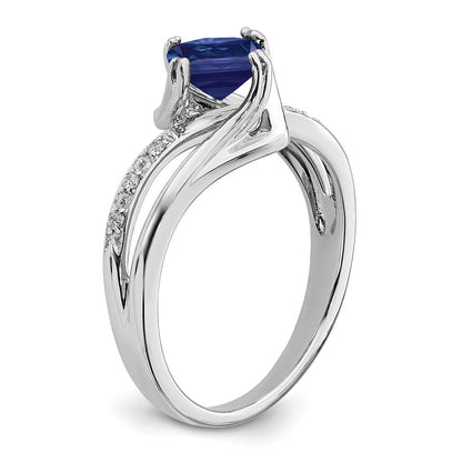 14k White Gold Created Sapphire and Real Diamond Ring