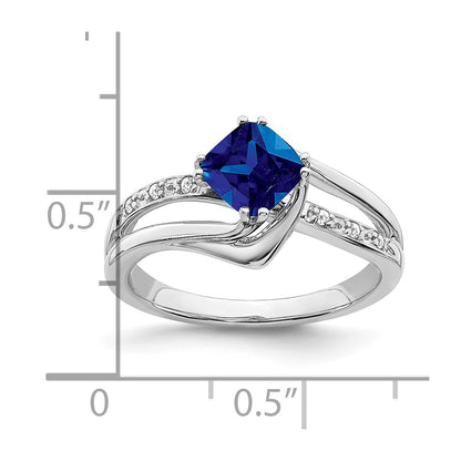14k White Gold Created Sapphire and Real Diamond Ring