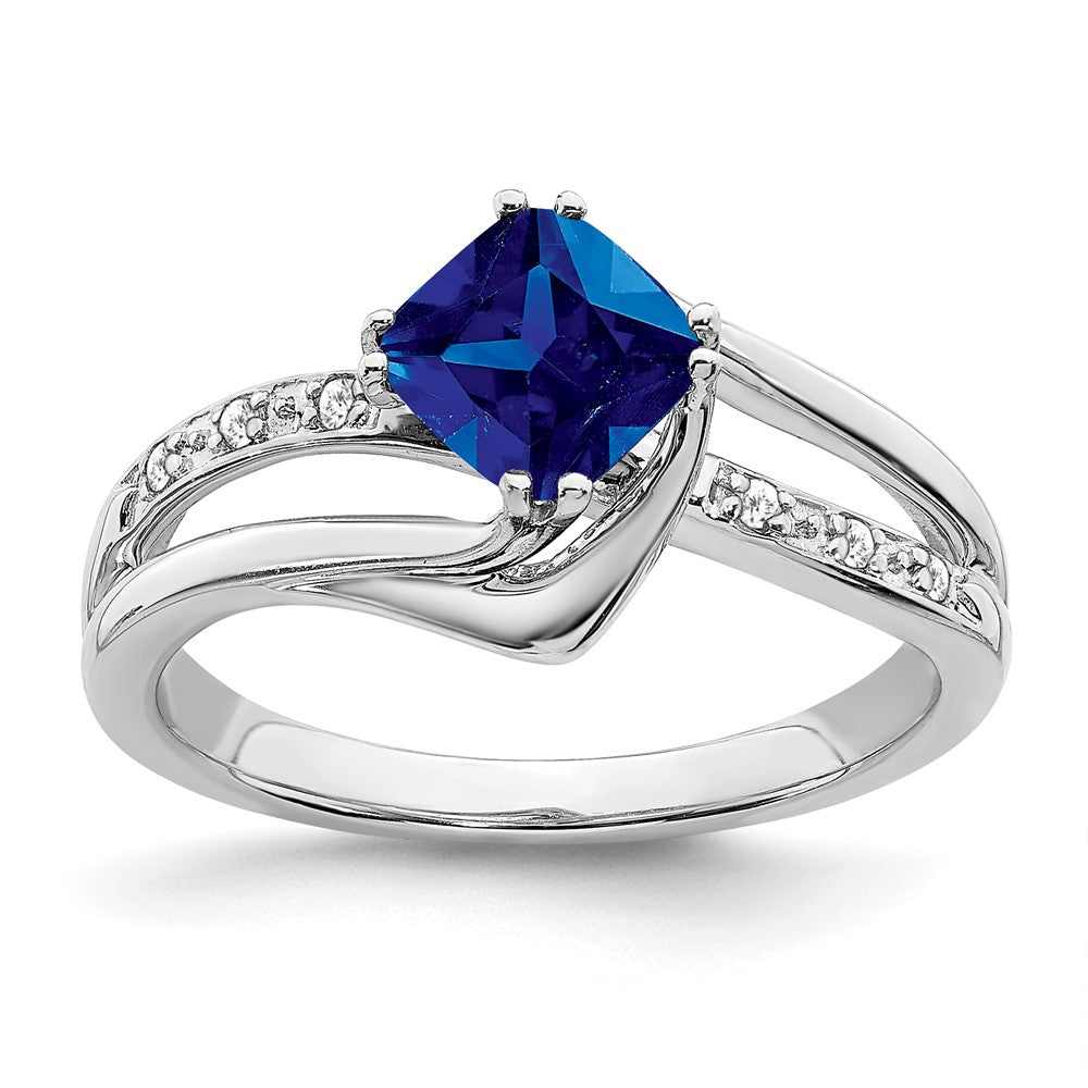 14k White Gold Created Sapphire and Real Diamond Ring