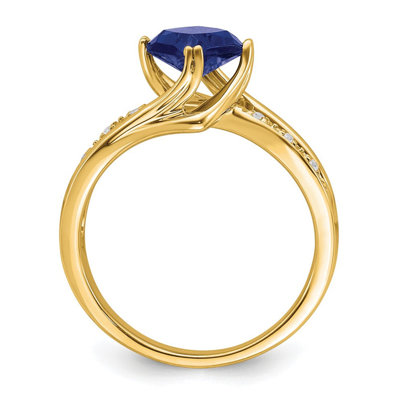 14K Yellow Gold Created Sapphire and Real Diamond Ring