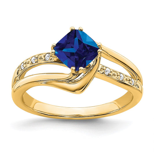 14K Yellow Gold Created Sapphire and Real Diamond Ring