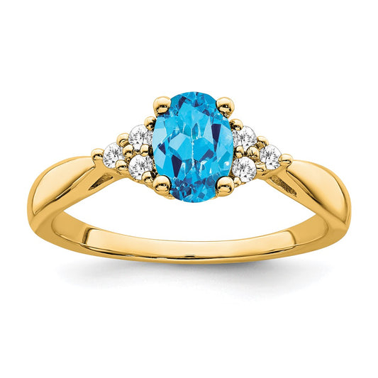 Solid 14k Yellow Gold Simulated Blue Topaz and CZ Ring