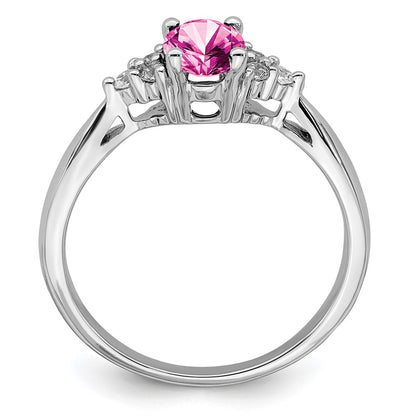 14k White Gold Created Pink Sapphire and Real Diamond Ring