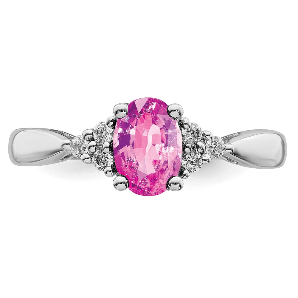 14k White Gold Created Pink Sapphire and Real Diamond Ring