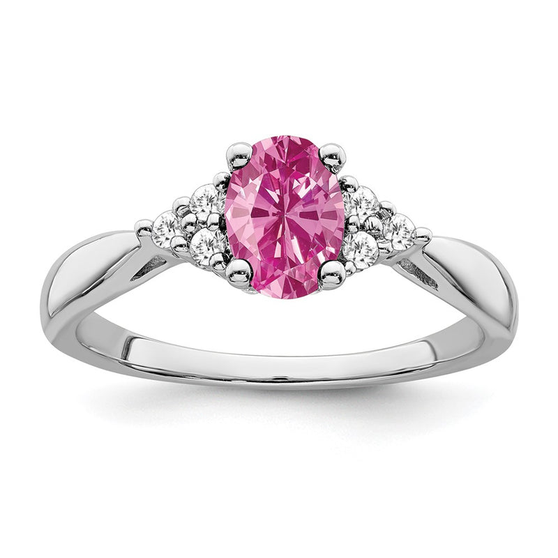 14k White Gold Created Pink Sapphire and Real Diamond Ring