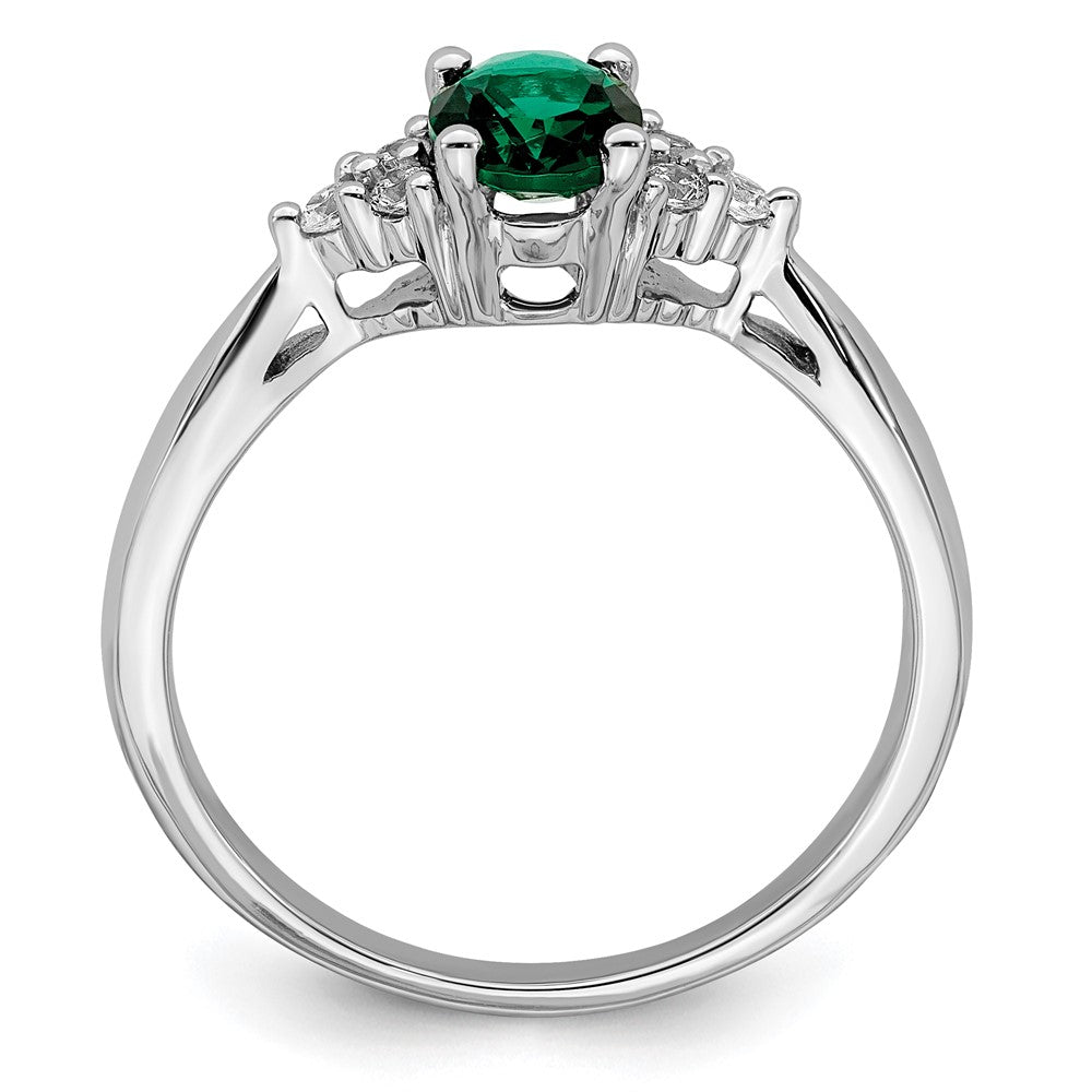 14k White Gold Created Emerald and Real Diamond Ring