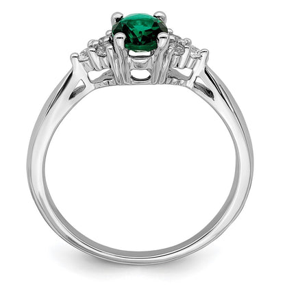 14k White Gold Created Emerald and Real Diamond Ring