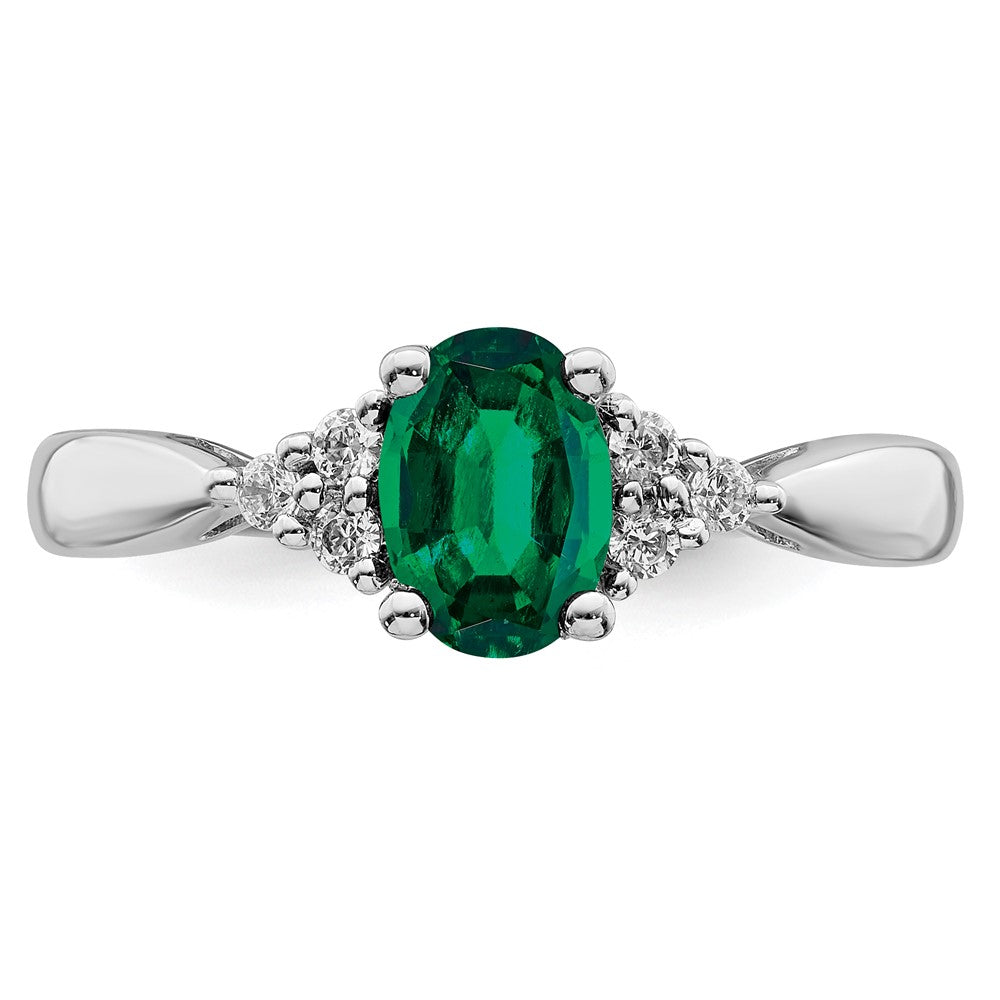 14k White Gold Created Emerald and Real Diamond Ring