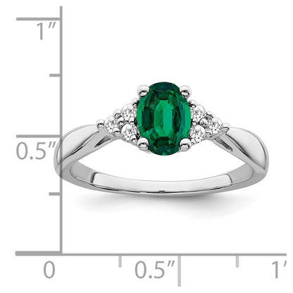 14k White Gold Created Emerald and Real Diamond Ring