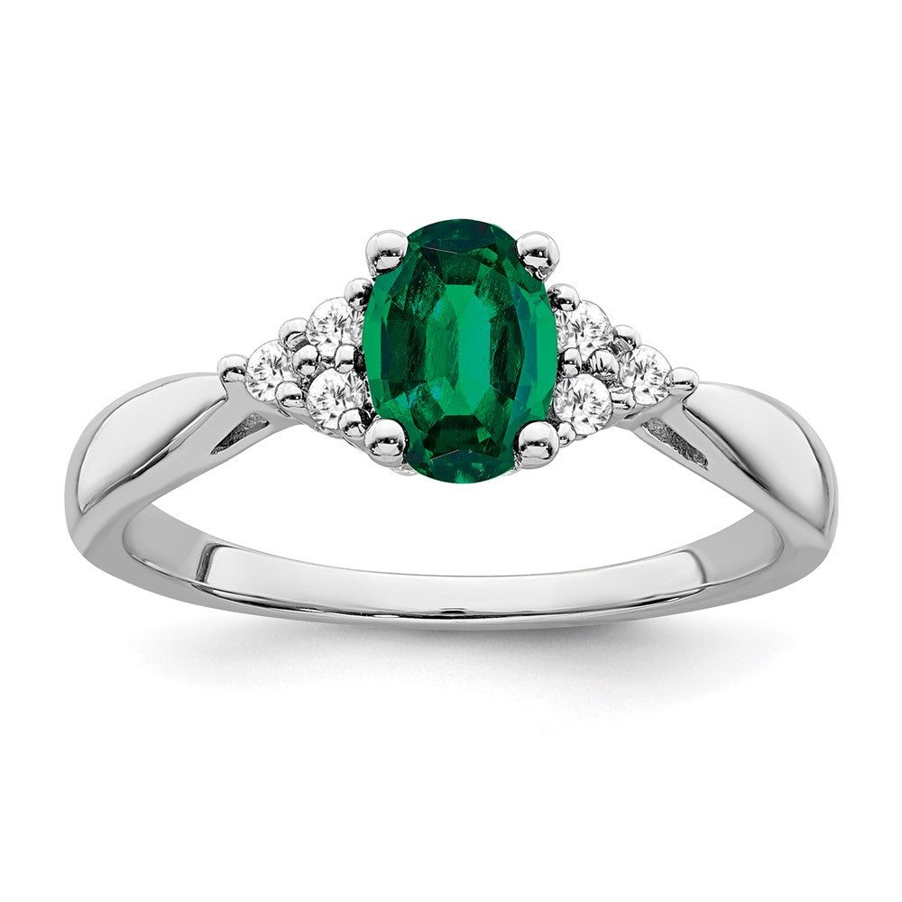 14k White Gold Created Emerald and Real Diamond Ring