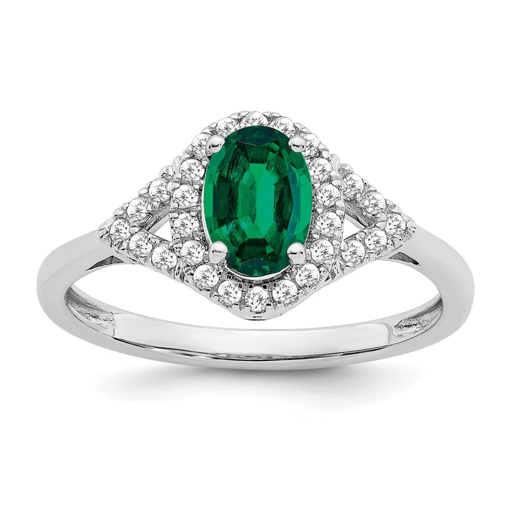 14k White Gold Oval Created Emerald and Real Diamond Ring