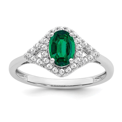 14k White Gold Oval Created Emerald and Real Diamond Ring
