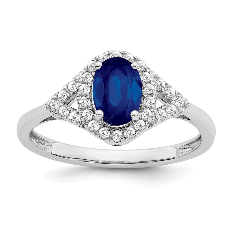 14k White Gold Oval Created Sapphire and Real Diamond Ring