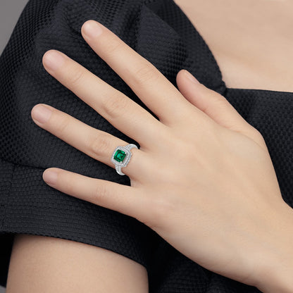 14k White Gold Cushion Created Emerald and Real Diamond Halo Ring