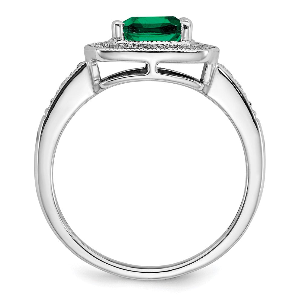 14k White Gold Cushion Created Emerald and Real Diamond Halo Ring
