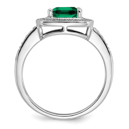 14k White Gold Cushion Created Emerald and Real Diamond Halo Ring