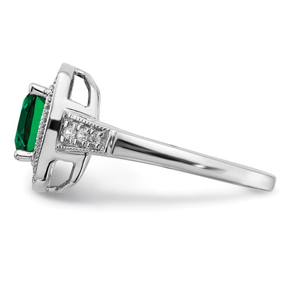 14k White Gold Cushion Created Emerald and Real Diamond Halo Ring