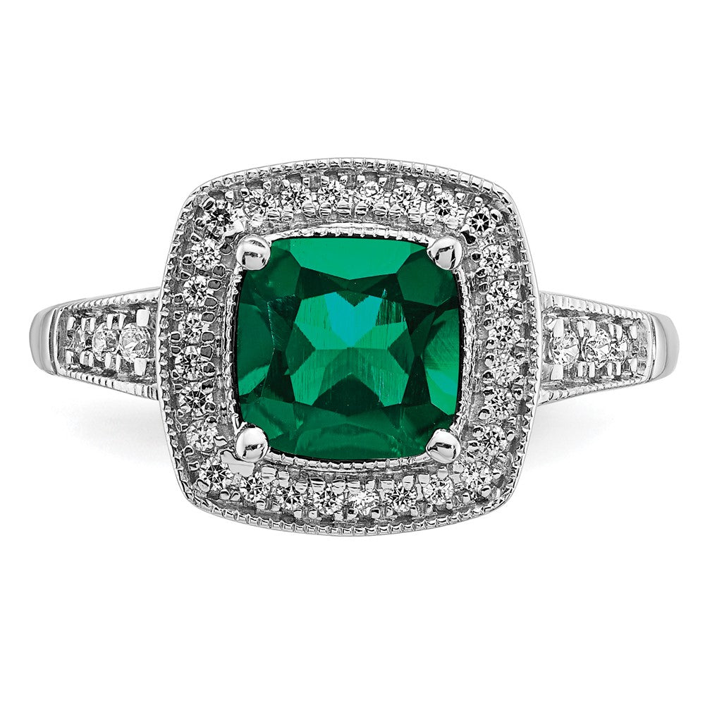14k White Gold Cushion Created Emerald and Real Diamond Halo Ring