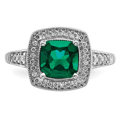 14k White Gold Cushion Created Emerald and Real Diamond Halo Ring