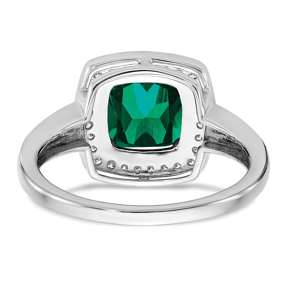 14k White Gold Cushion Created Emerald and Real Diamond Halo Ring