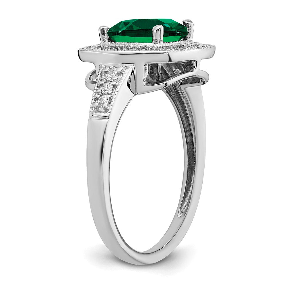 14k White Gold Cushion Created Emerald and Real Diamond Halo Ring