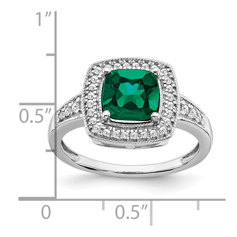 14k White Gold Cushion Created Emerald and Real Diamond Halo Ring