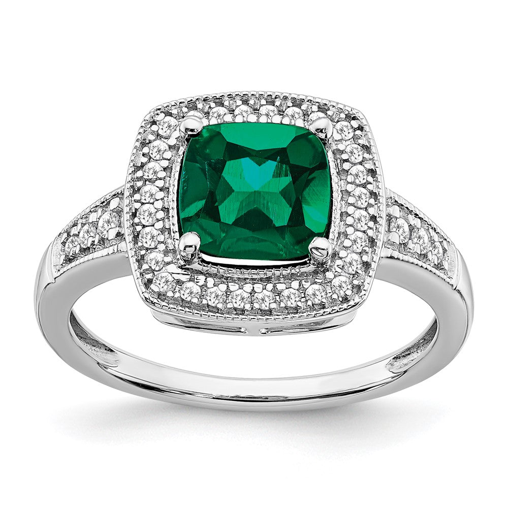 14k White Gold Cushion Created Emerald and Real Diamond Halo Ring