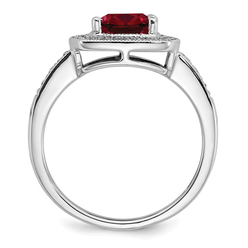 14k White Gold Cushion Created Ruby and Real Diamond Halo Ring