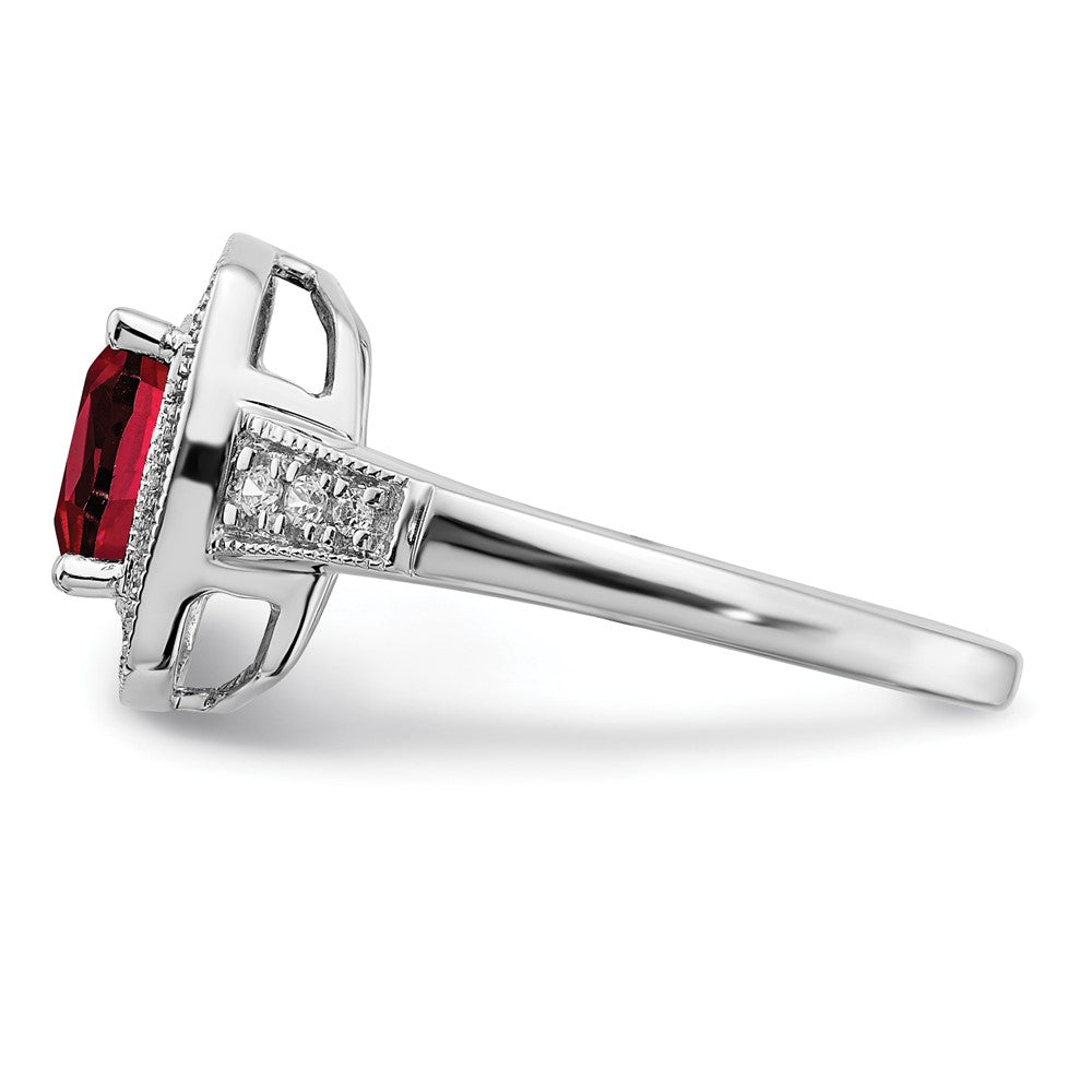14k White Gold Cushion Created Ruby and Real Diamond Halo Ring