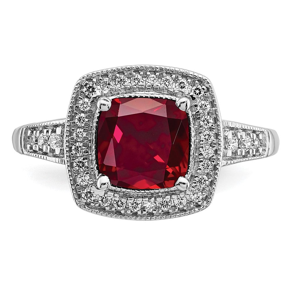 14k White Gold Cushion Created Ruby and Real Diamond Halo Ring