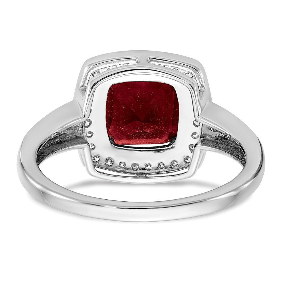 14k White Gold Cushion Created Ruby and Real Diamond Halo Ring
